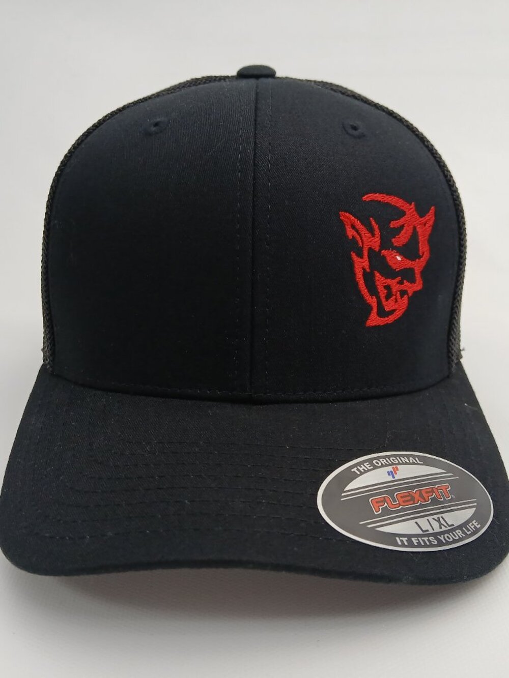 Dodge Demon Black Red Direct Embroidered Offset Mesh Flex Fit Hat Cap